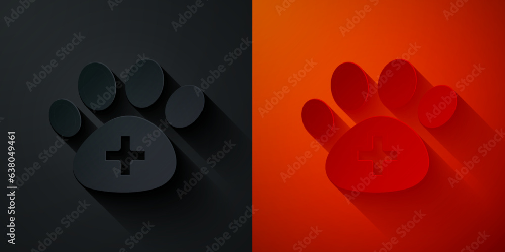 Sticker Paper cut Veterinary clinic symbol icon isolated on black and red background. Cross hospital sign. A stylized paw print dog or cat. Pet First Aid sign. Paper art style. Vector