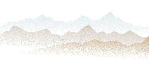 Dotwork mountain range grain colored pattern. Dotted noise, grunge texture landscape. Stippled gradient mountains. Grainy hill in dotwork style. Noisy stochastic background Pointillism texture