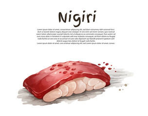 set of beautiful tasty japanese sushi seafood - watercolor hand drawn objects isolated on white background