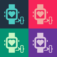 Pop art Smart watch showing heart beat rate icon isolated on color background. Fitness App concept. Vector