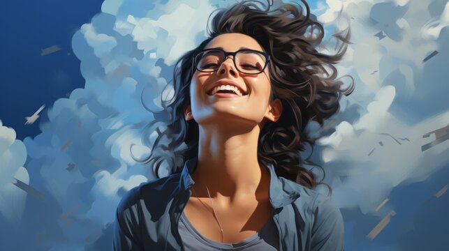 portrait of a laughing girl on a blue background