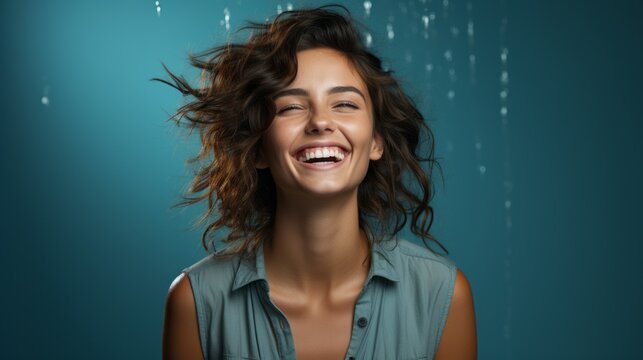 portrait of a laughing girl on a blue background