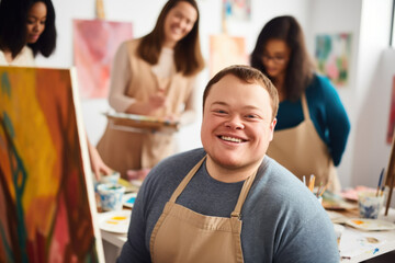 Young smiling man with Down syndrome on art workshop with a group of students, learning a new...