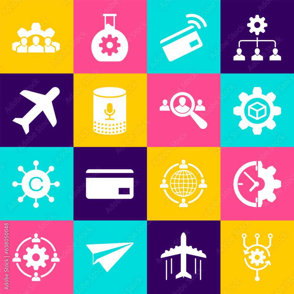 Poster set algorithm, clock and gear, product development, contactless payment, voice assistant and plane i