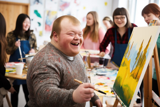 Young smiling man with Down syndrome on art workshop with a group of students, learning a new skill. Social integration concept.