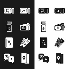 Set Museum ticket, Airline, Bus, Translator book, Cover travel guide and icon. Vector
