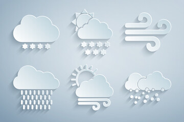 Set Windy weather, Cloud with rain, snow, and sun and icon. Vector