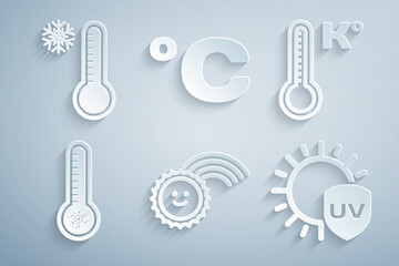 Set Rainbow with sun, Meteorology thermometer, UV protection, Celsius and icon. Vector