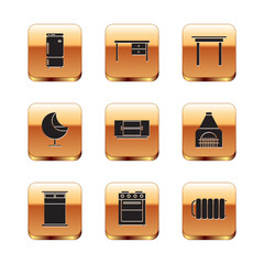 Set Refrigerator, Big bed, Oven, TV table stand, Armchair, Wooden, Heating radiator and Office desk icon. Vector