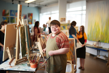 Obraz premium Young smiling man with Down syndrome on art workshop with a group of students, learning a new skill. Social integration concept.