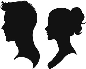 Man and woman standing face to face in elegant black silhouette style, minimal vector illustration representing love, connection and intimacy. AI generated illustration.