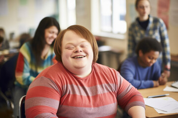Portrait of a young smiling man with Down syndrome in the classroom with his classmates. Social integration concept.