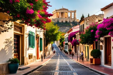 Buildings in the district of Plaka in Athens by the Acropolis - obrazy, fototapety, plakaty