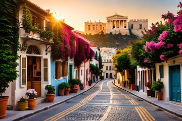  Immerse yourself in the charming district of Plaka in Athens, where historic buildings come to life against the backdrop of the majestic Acropolis. The narrow cobblestone streets wind. - obrazy, fototapety, plakaty