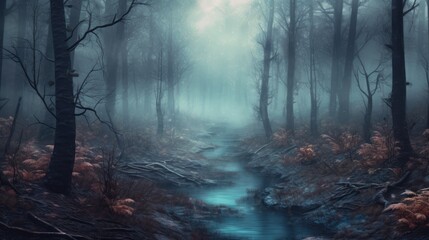a mysterious, misty woodland