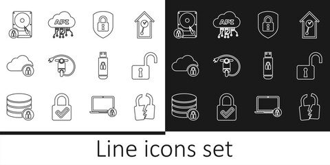 Set line Broken or cracked lock, Open padlock, Shield security with, Electric scooter, Cloud computing, Hard disk drive and, USB flash and api interface icon. Vector