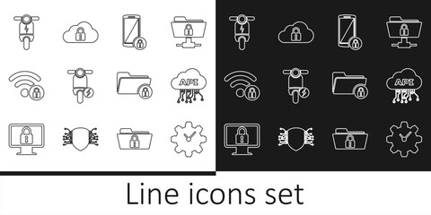 Set line Time Management, Cloud api interface, Smartphone with lock, Electric scooter, Wifi locked, Folder and and computing icon. Vector