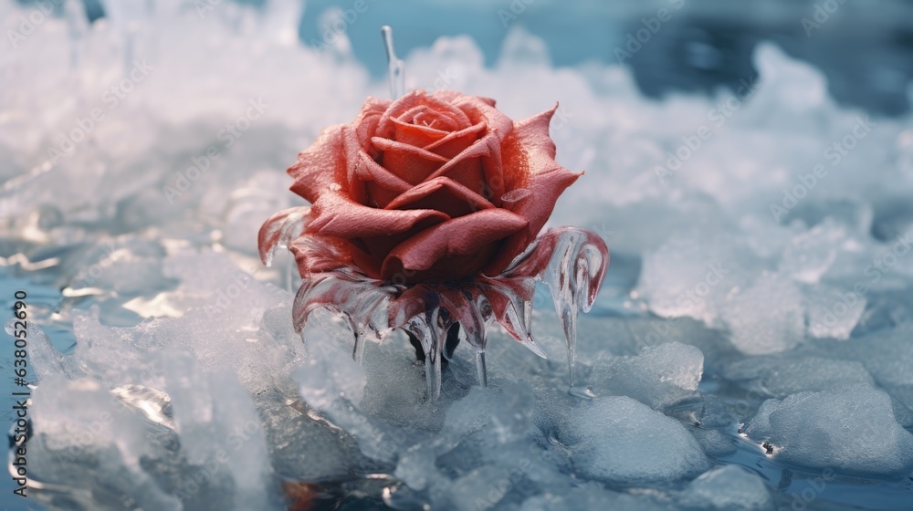 Canvas Prints A red rose sitting on top of ice covered water