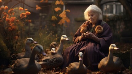 A woman sitting in the leaves with a bunch of ducks