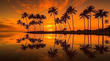Fototapeta na wymiar Palm Tree Dreamscape Reflective Waters and Sunset's Golden Embrace