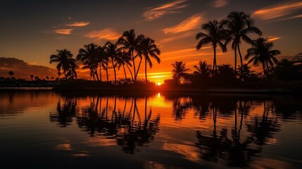 Fototapeta na wymiar Sunset Reflections Palms and Calm Waters Painted in Golden Hues