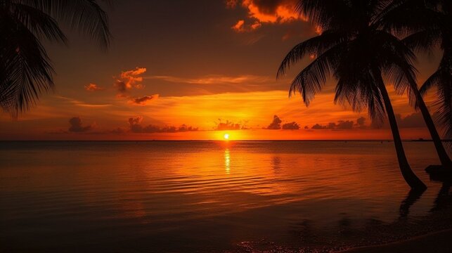 Twilight Coastal Beauty Silhouetted Palms and Glowing Sunset Waters
