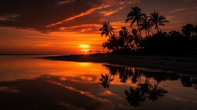 Evening Oasis Reflective Waters and Silhouetted Palms in Sunset Splendor