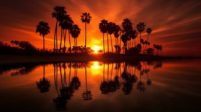 Beachside Tranquility Silhouetted Palms and Reflective Waters at Sunset