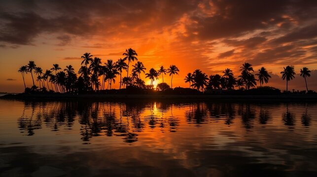Golden Hour Retreat Palms and Serene Waters in Sunset Harmony