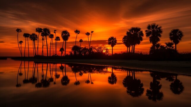 Golden Sunset Serenity Tranquil Palm Trees Reflecting in Calm Waters