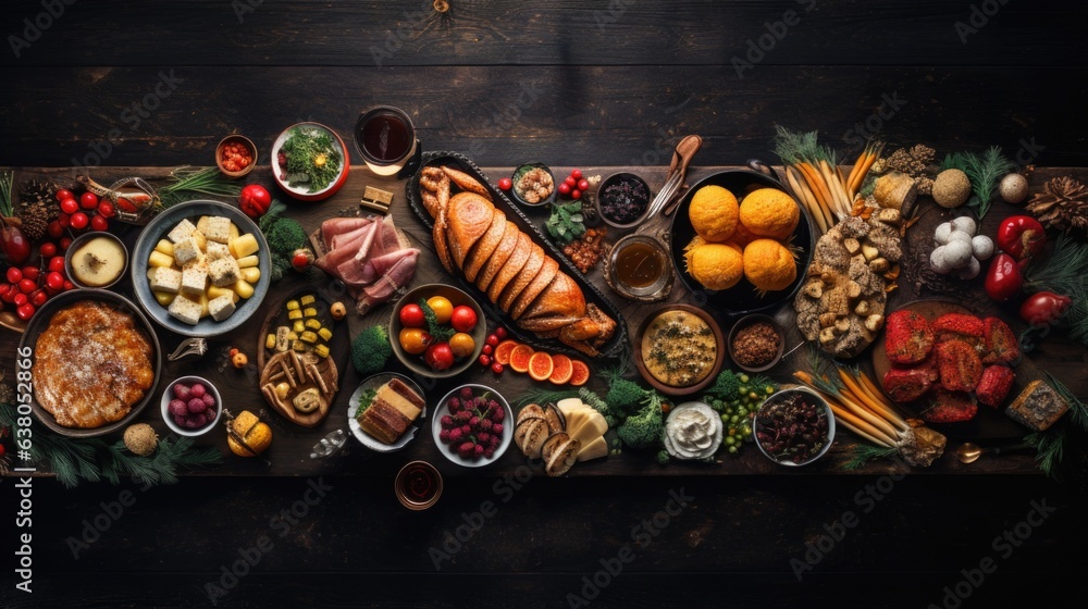 Canvas Prints A wooden table topped with lots of food