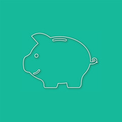 white outline piggy bank with shadow. concept of poverty, deposit policy, nest egg, money for a rainy day and thrift. isolated on green background. flat style modern logo design vector illustration