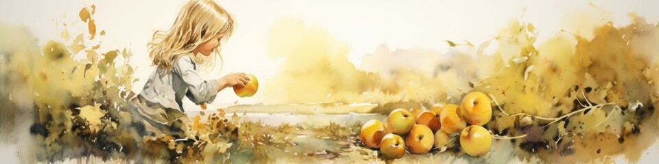 Obraz na płótnie Canvas A painting of a little girl picking apples