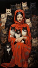 Fototapeta na wymiar A painting of a woman in a red dress surrounded by cats