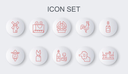 Set line French cafe, Scooter, Gargoyle on pedestal, Poodle dog, Windmill, baguette bread, Woman dress and Wine bottle with cheese icon. Vector