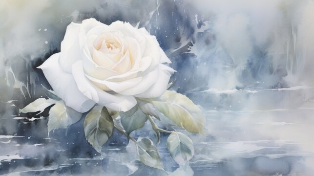 A watercolor painting of a white rose with leaves