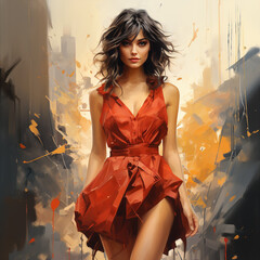 A girl in red dress is walking away, in the style of action paintings, dark gold and orange, hyper-realistic urban, explosive and chaotic, charming character illustrations, bloomcore. Size: 3783x3783