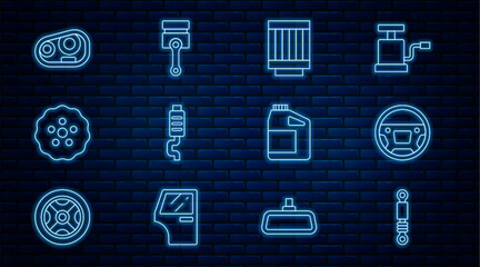 Set line Shock absorber, Steering wheel, Car air filter, muffler, Gear, headlight, Canister for motor oil and Engine piston icon. Vector