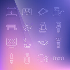 Set line Chassis car, Car key with remote, Timing belt kit, Automotive turbocharger, radiator cooling system, battery and seat icon. Vector