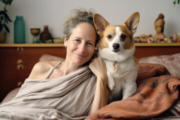 Portrait of beautiful smiling middle aged woman sitting with her dog on the bed, relaxing.