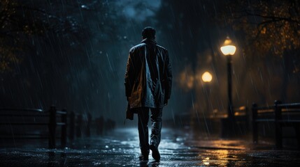 Rainy street at night. Lonely man walking down a rainy street at night