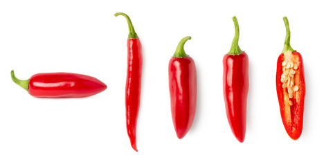 set / collection of red hot chili peppers isolated over a transparent background, spicy jalapenos, whole and cut in half, top and side view, PNG