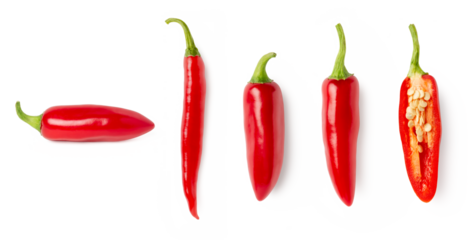 set / collection of red hot chili peppers isolated over a transparent background, spicy jalapenos, whole and cut in half, top and side view, PNG