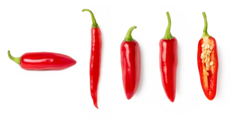 Fotobehang set / collection of red hot chili peppers isolated over a transparent background, spicy jalapenos, whole and cut in half, top and side view, PNG © Anja Kaiser