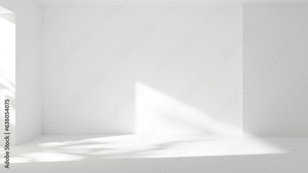 Poster White room abstract forms with sunlight, empty place white walls and empty blank white floor and leafs shadows, white wall background gray gradient