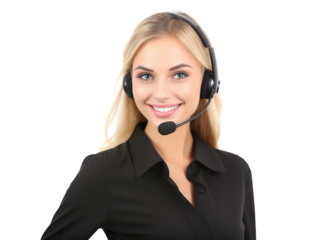 Happy call center assistant wearing headset, cut out
