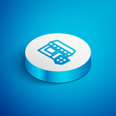 Isometric line Shopping building with shield icon isolated on blue background. Insurance concept. Security, safety, protection, protect concept. White circle button. Vector.