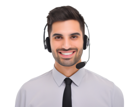Happy call center assistant wearing headset, cut out
