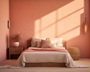 The cozy, sun-drenched bedroom with its patterned wallpaper and tasteful furniture sets the perfect atmosphere for relaxation and comfort, with a soft bed, plush pillows, and a vibrant vase of flower