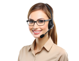 Happy call center assistant wearing headset, cut out